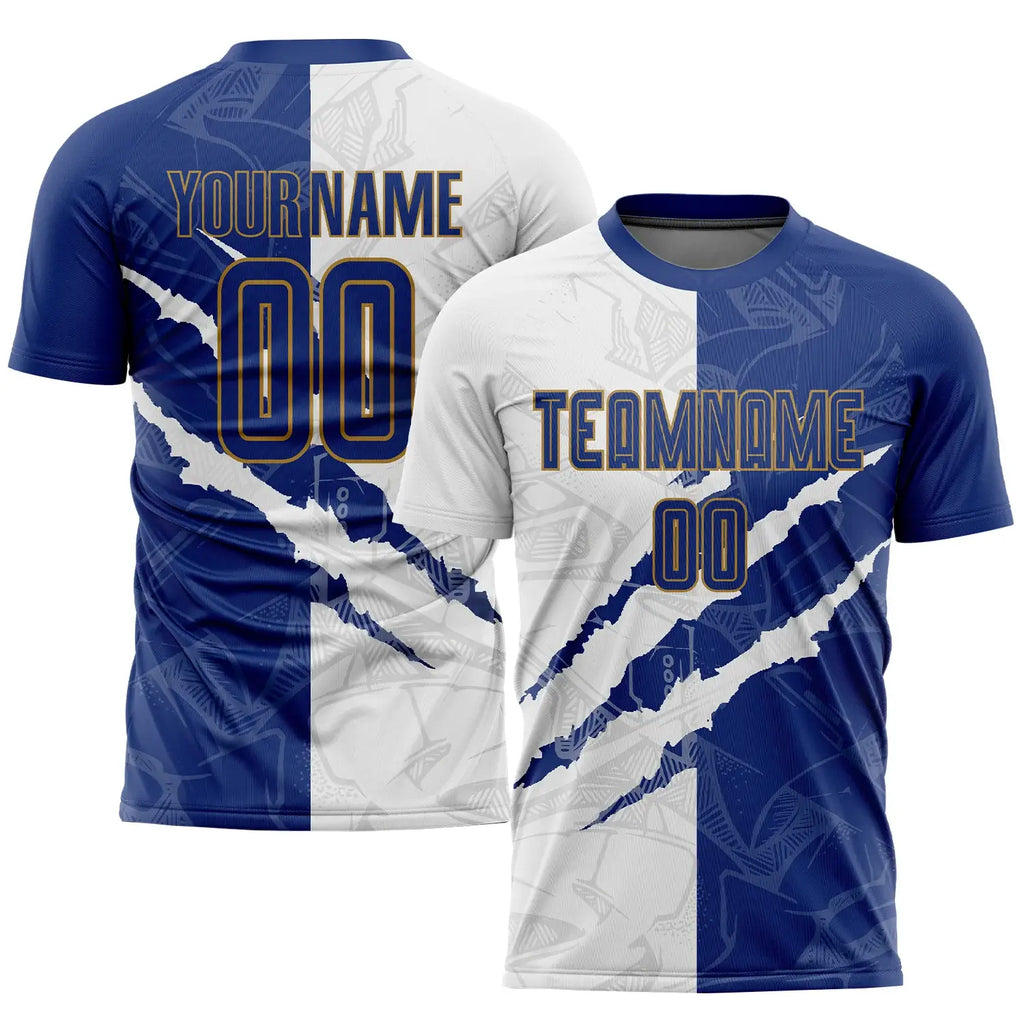 Custom Soccer Jersey Graffiti Royal Blue White Old Gold Sublimation, Team Uniform Kit, Custom Name Number, Unisex Men Women Youth
