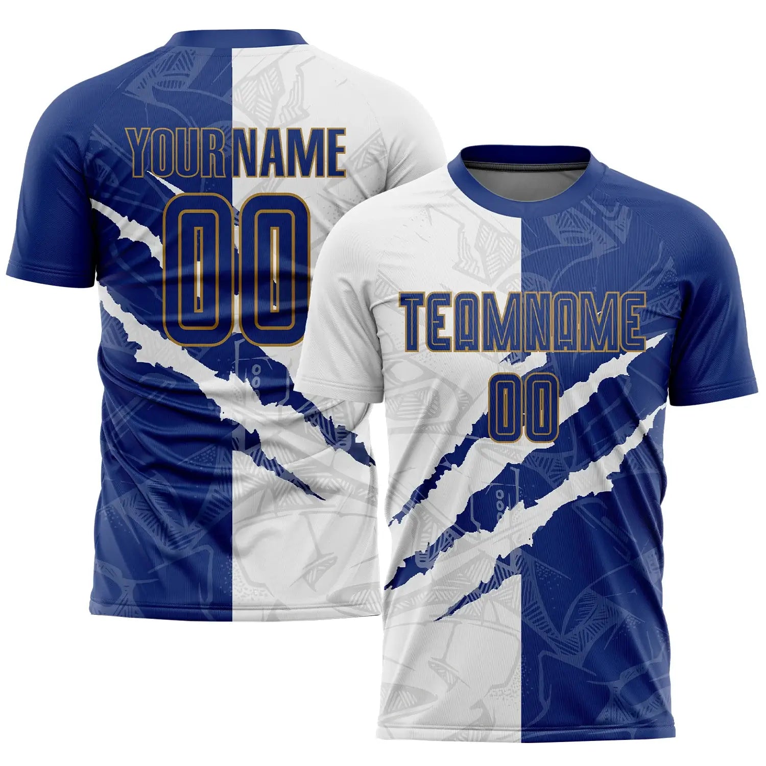 Custom Soccer Jersey Graffiti Royal Blue White Old Gold Sublimation, Team Uniform Kit, Custom Name Number, Unisex Men Women Youth