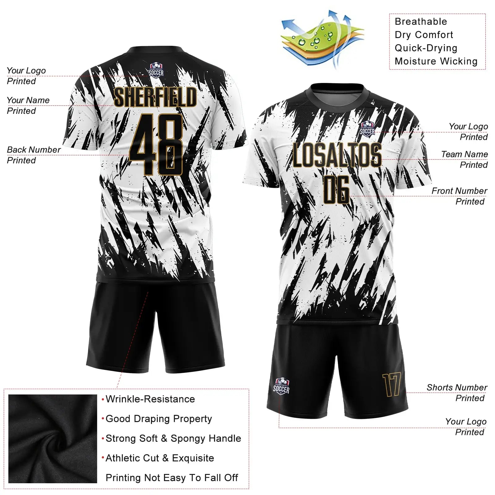 Custom Soccer Jersey White Black Old Gold Sublimation, Team Uniform Kit, Custom Name Number, Unisex Men Women Youth