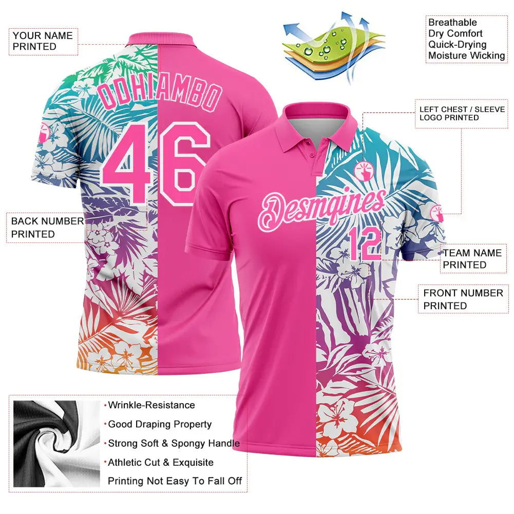 Custom Tropical Palm Leaf Golf Polo Shirt Pink White 3D Performance Sublimation, Custom Logo, Men Women Unisex