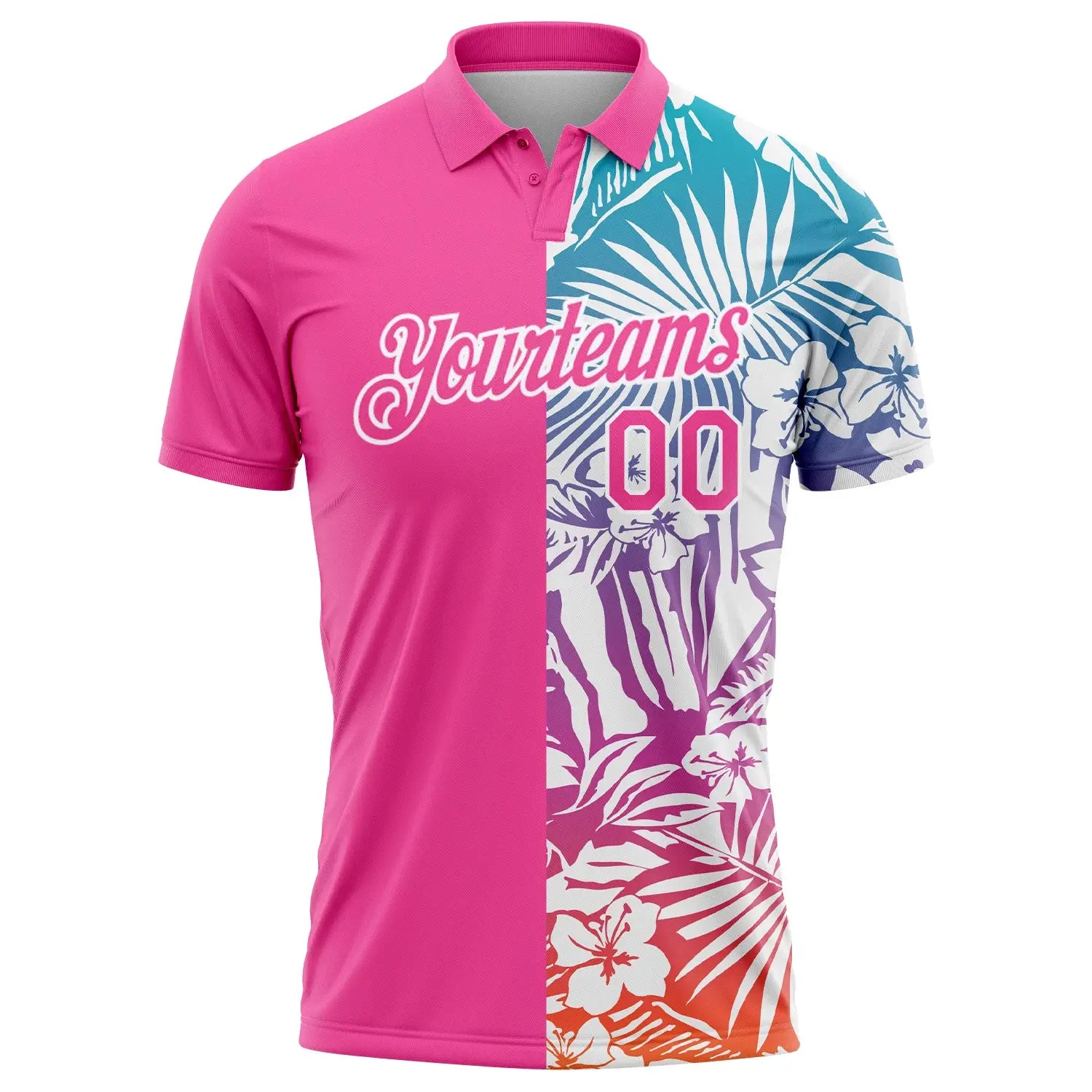 Custom Tropical Palm Leaf Golf Polo Shirt Pink White 3D Performance Sublimation, Custom Logo, Men Women Unisex