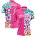 Custom Tropical Palm Leaf Golf Polo Shirt Pink White 3D Performance Sublimation, Custom Logo, Men Women Unisex