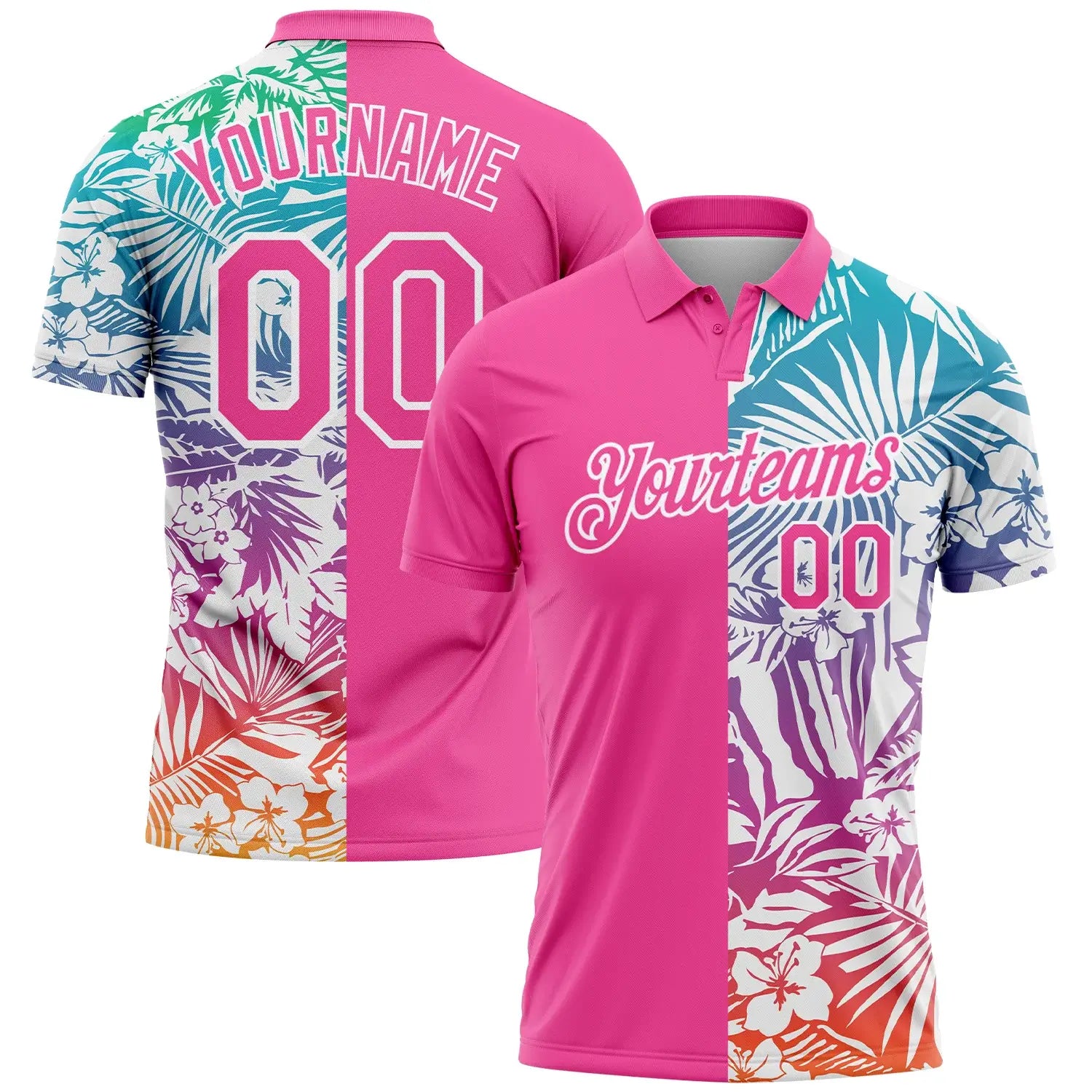 Custom Tropical Palm Leaf Golf Polo Shirt Pink White 3D Performance Sublimation, Custom Logo, Men Women Unisex