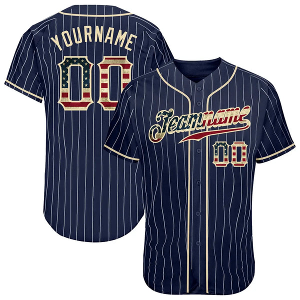 Custom Vintage USA Flag Pinstripe Baseball Jersey Navy White Sublimation, Custom Name Number, Men Youth Unisex