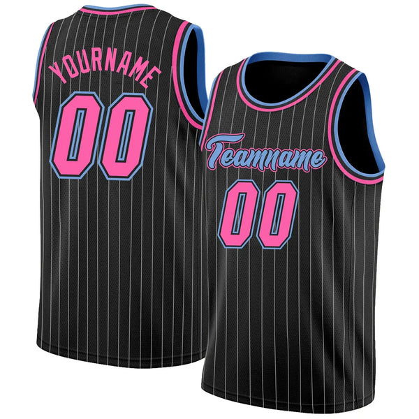 Custom Pinstripe Basketball Jersey Black White Pink Sublimation, Team Uniform Kit, Custom Name Number, Unisex Men Women Youth