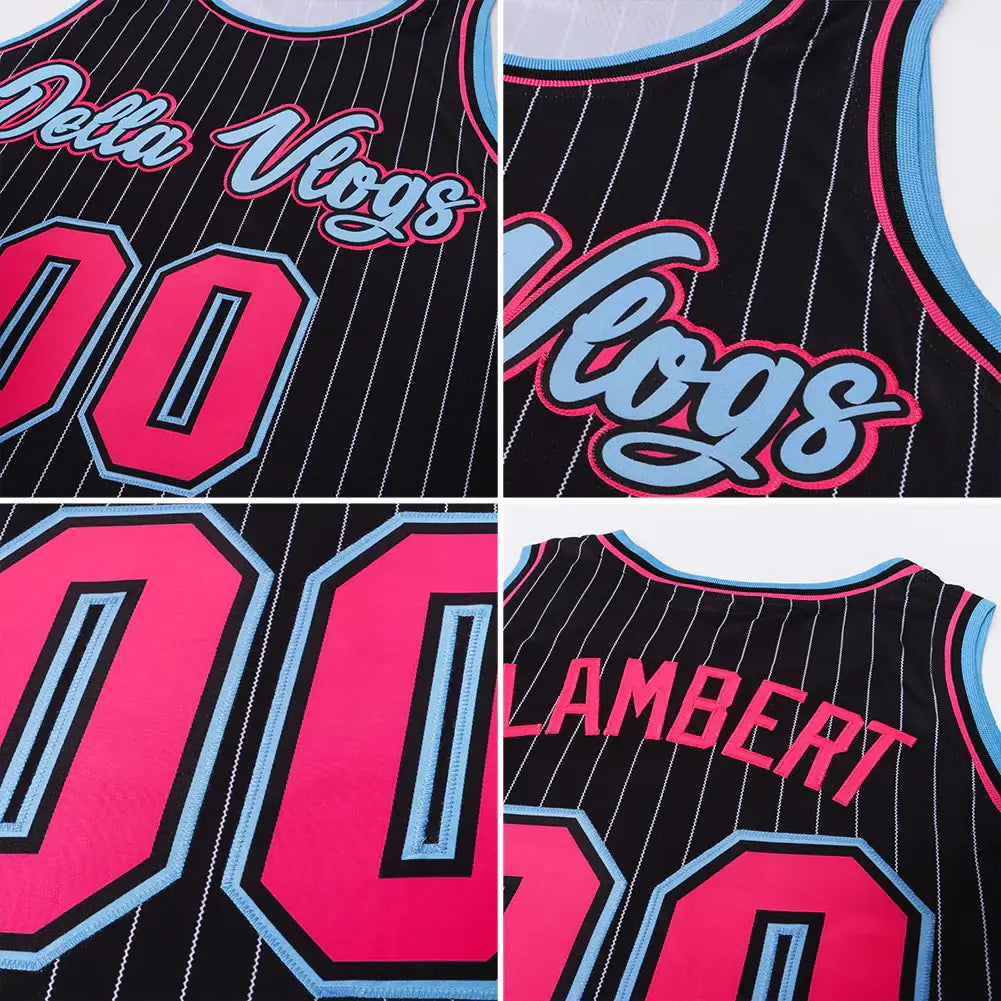 Custom Pinstripe Basketball Jersey Black White Pink Sublimation, Team Uniform Kit, Custom Name Number, Unisex Men Women Youth