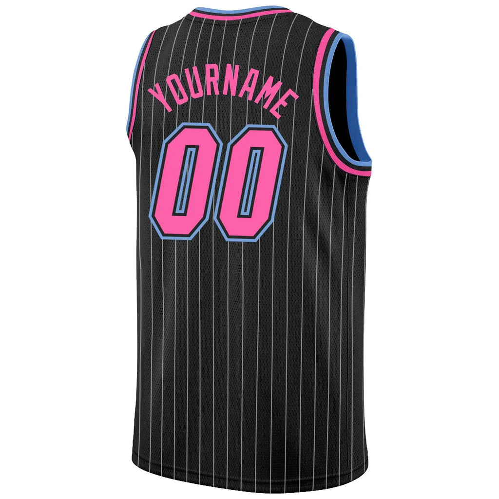 Custom Pinstripe Basketball Jersey Black White Pink Sublimation, Team Uniform Kit, Custom Name Number, Unisex Men Women Youth