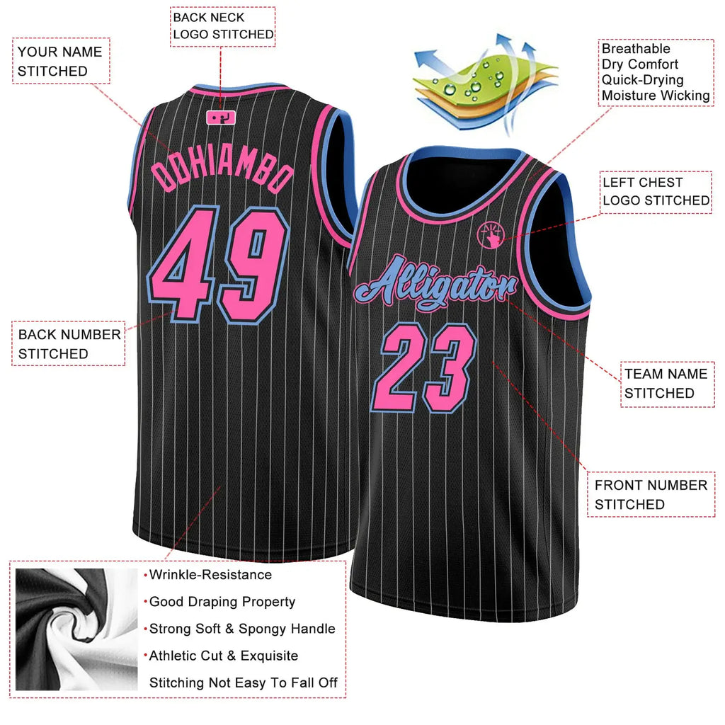 Custom Pinstripe Basketball Jersey Black White Pink Sublimation, Team Uniform Kit, Custom Name Number, Unisex Men Women Youth