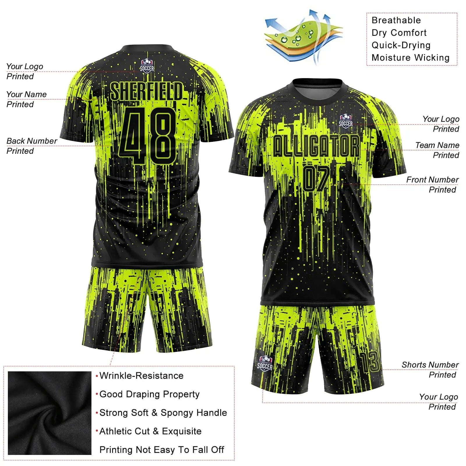 Custom Soccer Jersey Neon Green Black Sublimation, Team Uniform Kit, Custom Name Number, Unisex Men Women Youth