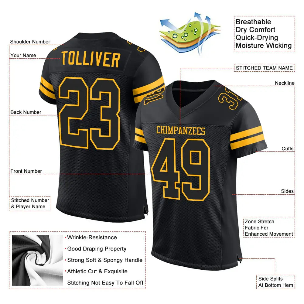 Custom Mesh Football Jersey Black Gold Pro Style Sublimation, Custom Name Number, Men Youth Unisex