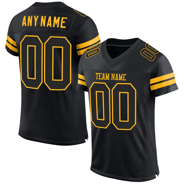 Custom Mesh Football Jersey Black Gold Pro Style Sublimation, Custom Name Number, Men Youth Unisex