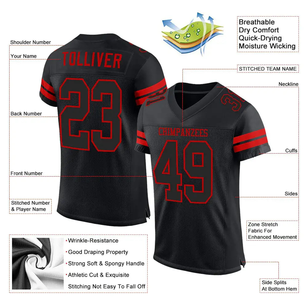 Custom Mesh Football Jersey Black Red Pro Style Sublimation, Custom Name Number, Men Youth Unisex