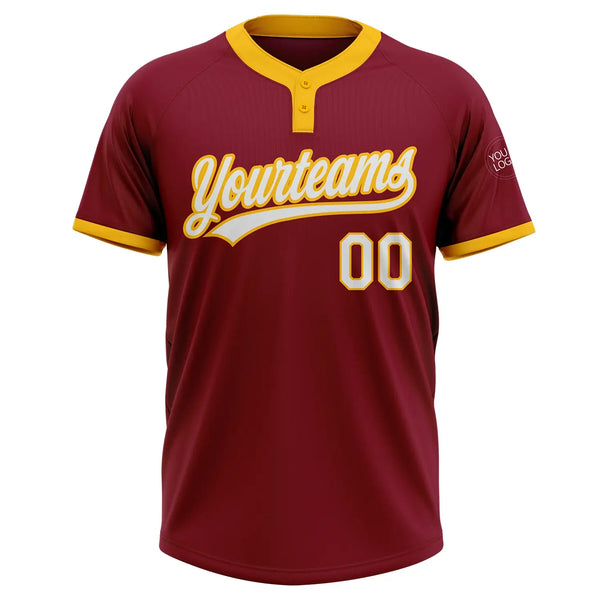 Custom 2-Button Softball Jersey Crimson Red White Gold Sublimation, Custom Name Number, Women Girls Unisex Youth