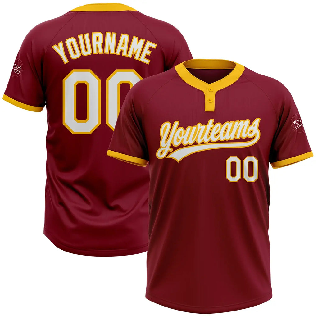 Custom 2-Button Softball Jersey Crimson Red White Gold Sublimation, Custom Name Number, Women Girls Unisex Youth