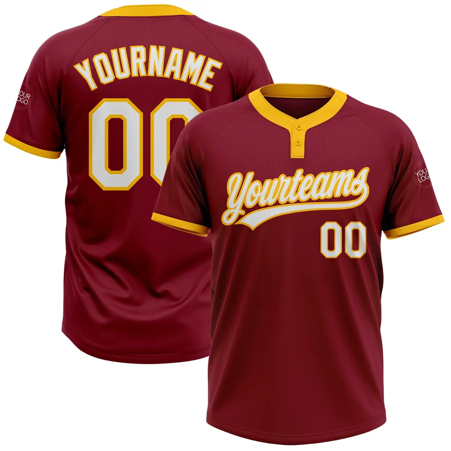 Custom 2-Button Softball Jersey Crimson Red White Gold Sublimation, Custom Name Number, Women Girls Unisex Youth