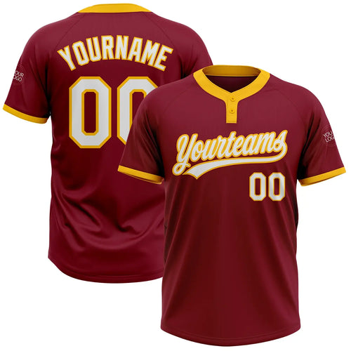 Custom 2-Button Softball Jersey Crimson Red White Gold Sublimation, Custom Name Number, Women Girls Unisex Youth