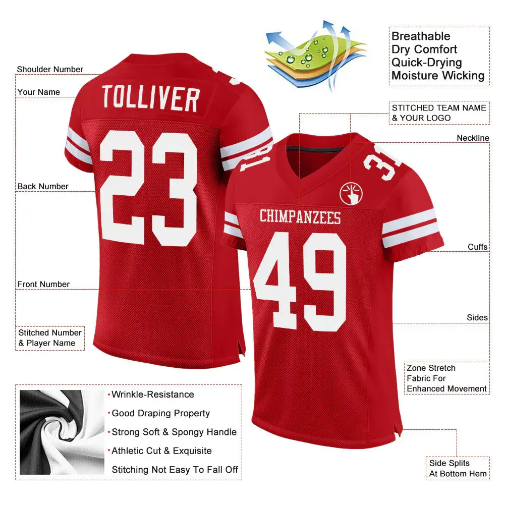 Custom Mesh Football Jersey Red White Pro Style Sublimation, Custom Name Number, Men Youth Unisex