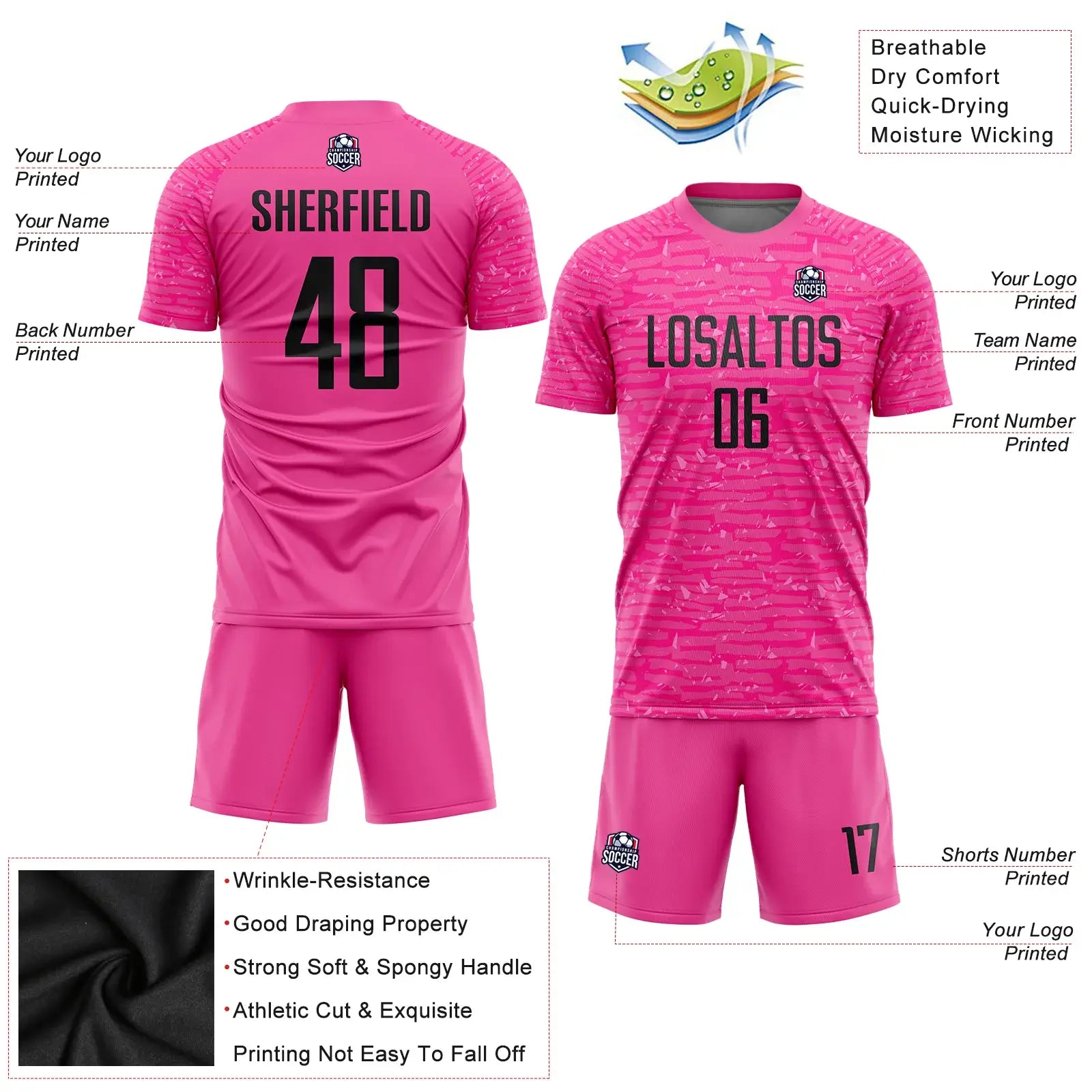 Custom Soccer Jersey Pink Black Sublimation, Team Uniform Kit, Custom Name Number, Unisex Men Women Youth