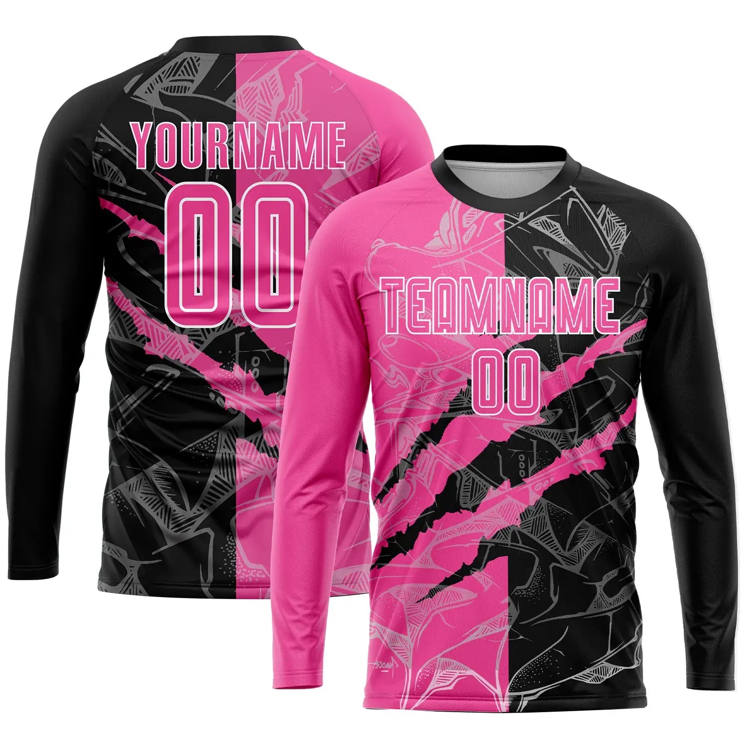 Custom Graffiti Scratch Soccer Jersey Pink Black White Sublimation, Team Uniform Kit, Custom Name Number, Unisex Men Women Youth