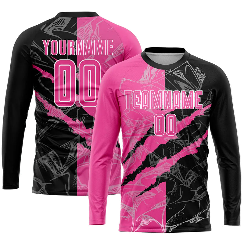 Custom Graffiti Scratch Soccer Jersey Pink Black White Sublimation, Team Uniform Kit, Custom Name Number, Unisex Men Women Youth