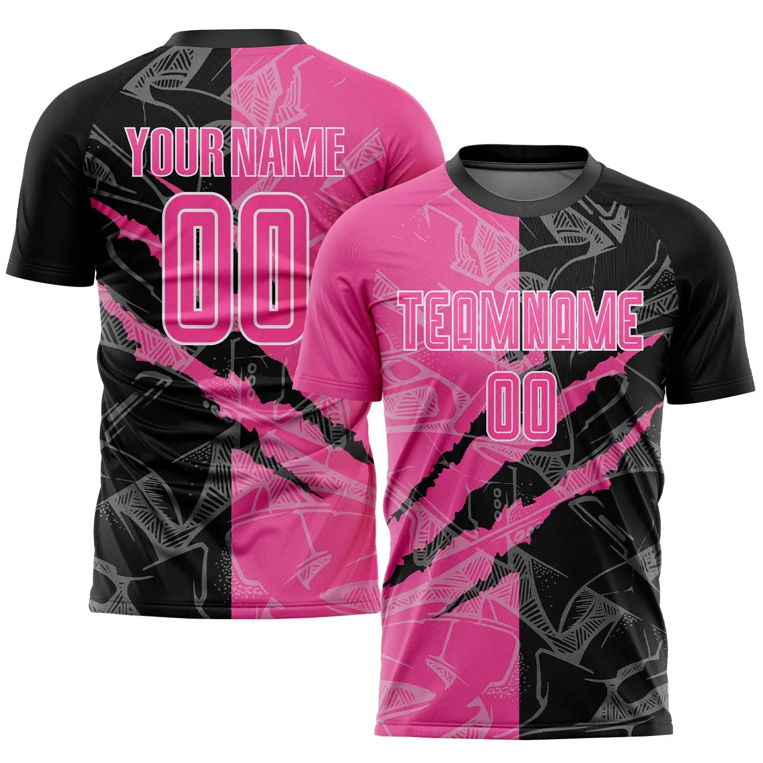 Custom Graffiti Scratch Soccer Jersey Pink Black White Sublimation, Team Uniform Kit, Custom Name Number, Unisex Men Women Youth