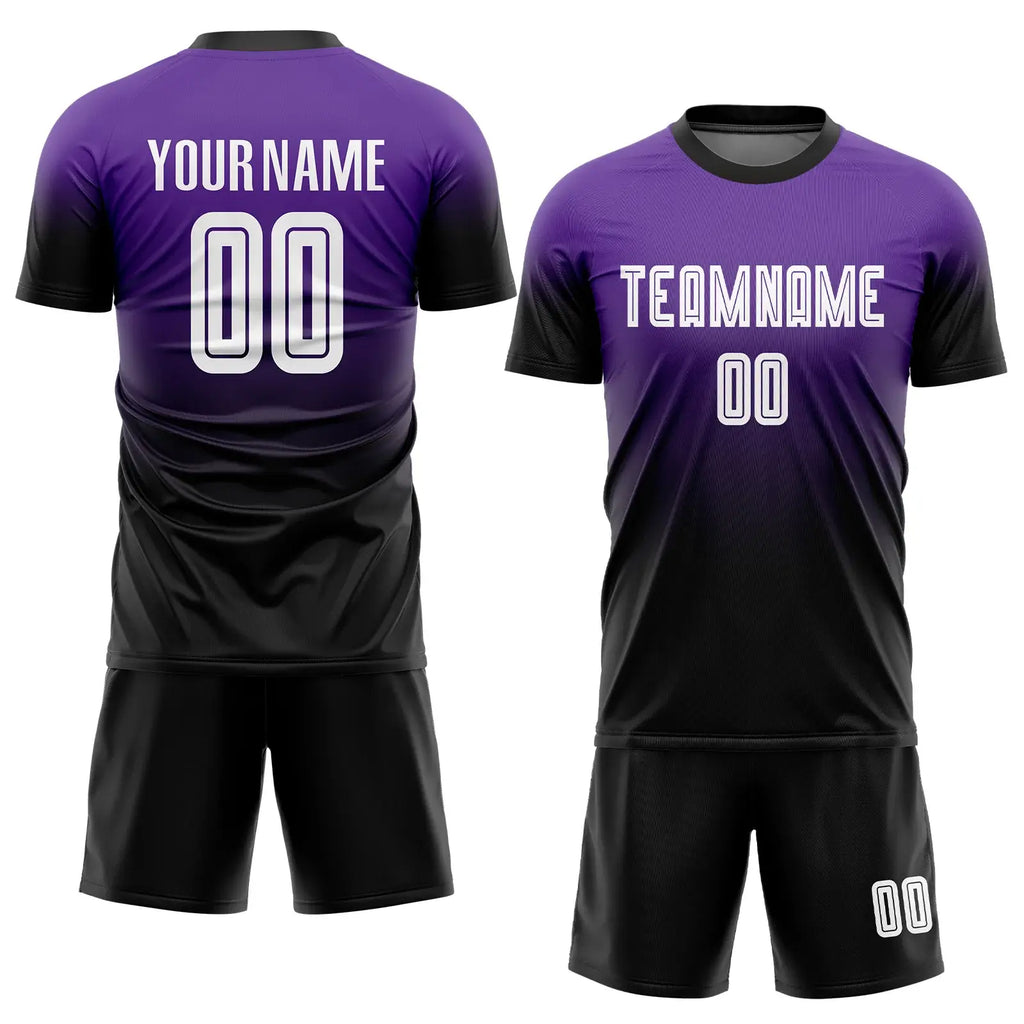 Custom Fade Fashion Soccer Jersey Purple White Black Sublimation, Team Uniform Kit, Custom Name Number, Unisex Men Women Youth