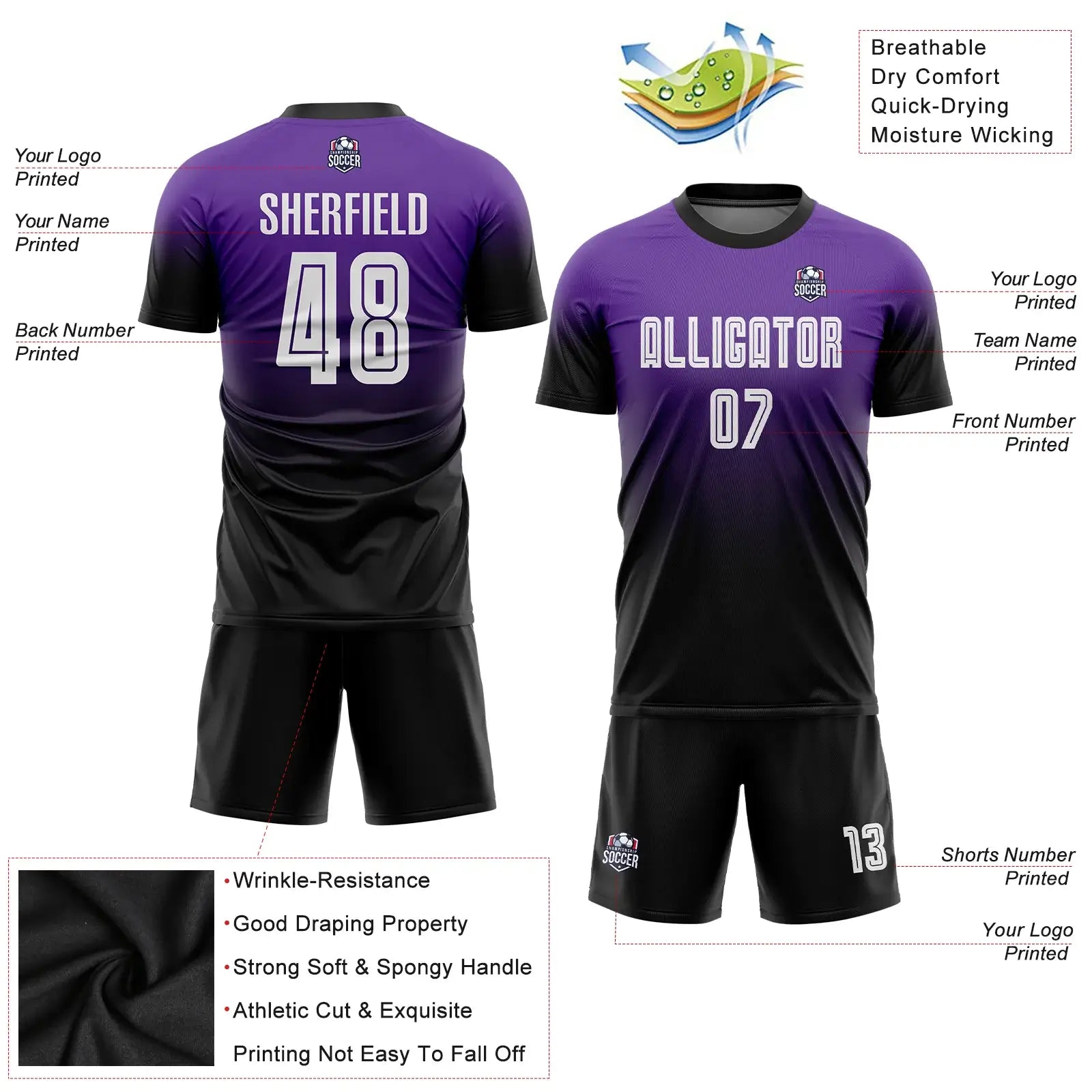 Custom Fade Fashion Soccer Jersey Purple White Black Sublimation, Team Uniform Kit, Custom Name Number, Unisex Men Women Youth