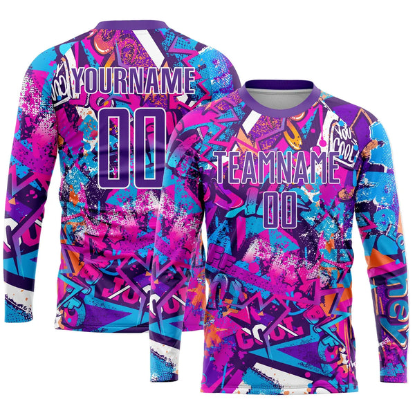 Custom Graffiti Soccer Jersey Purple White Sublimation, Team Uniform Kit, Custom Name Number, Unisex Men Women Youth