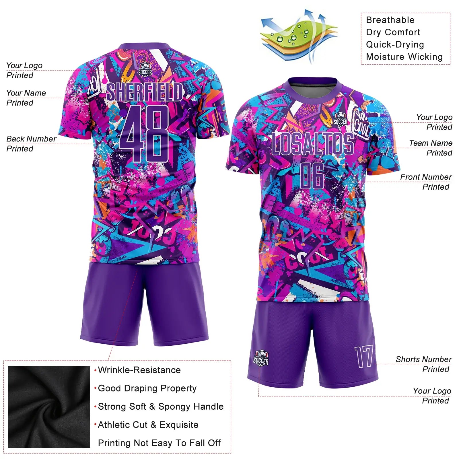 Custom Graffiti Soccer Jersey Purple White Sublimation, Team Uniform Kit, Custom Name Number, Unisex Men Women Youth