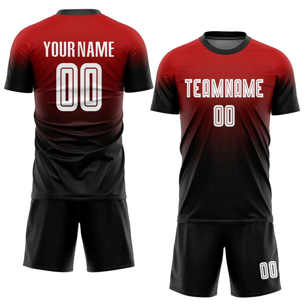 Custom Fade Fashion Soccer Jersey Red White Black Sublimation, Team Uniform Kit, Custom Name Number, Unisex Men Women Youth