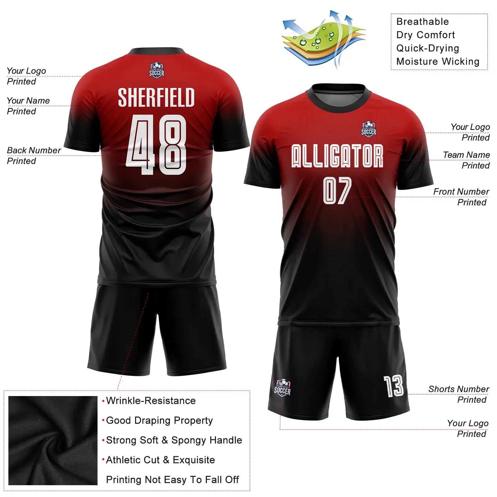 Custom Fade Fashion Soccer Jersey Red White Black Sublimation, Team Uniform Kit, Custom Name Number, Unisex Men Women Youth