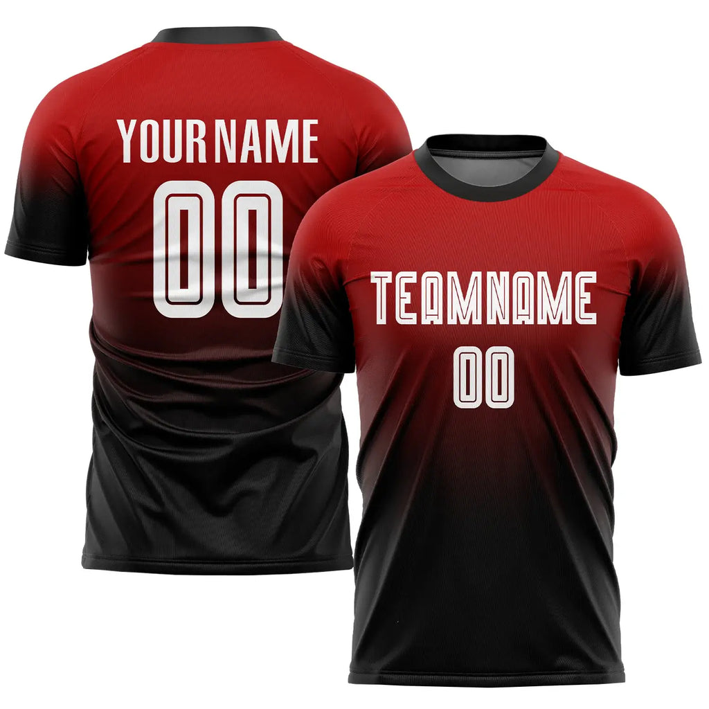 Custom Fade Fashion Soccer Jersey Red White Black Sublimation, Team Uniform Kit, Custom Name Number, Unisex Men Women Youth