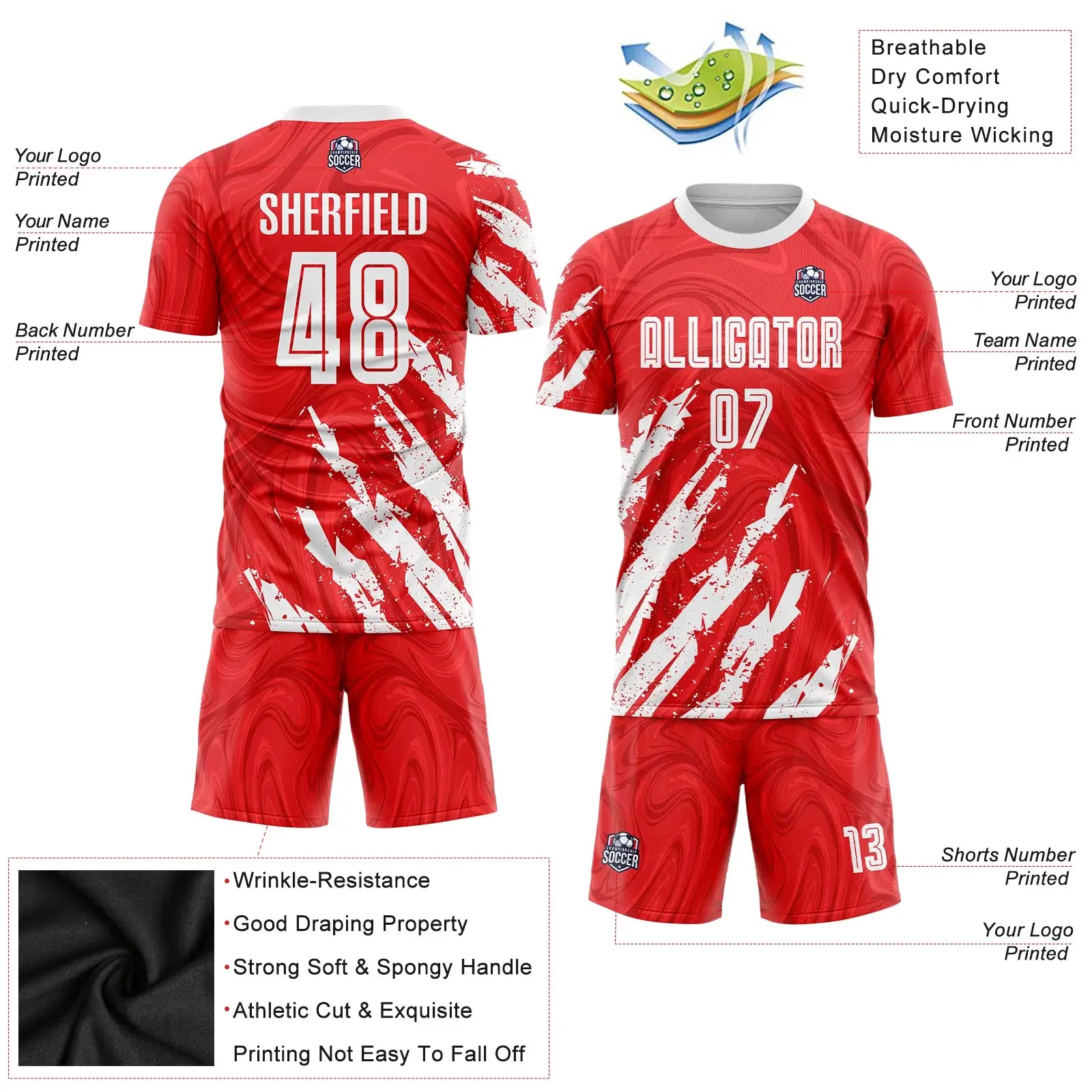 Custom Soccer Jersey Red White Sublimation, Team Uniform Kit, Custom Name Number, Unisex Men Women Youth