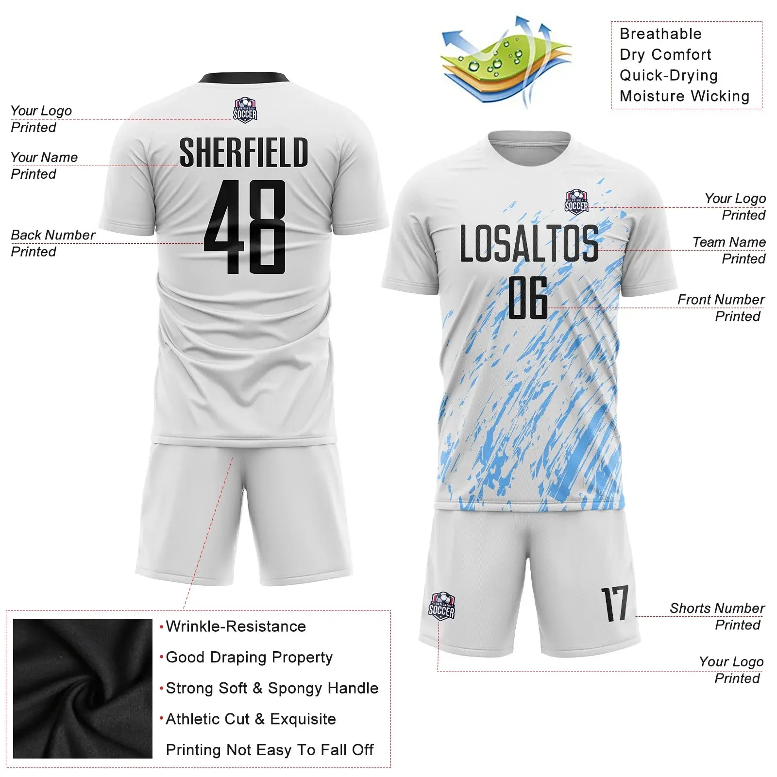 Custom Soccer Jersey White Black Light Blue Sublimation, Team Uniform Kit, Custom Name Number, Unisex Men Women Youth