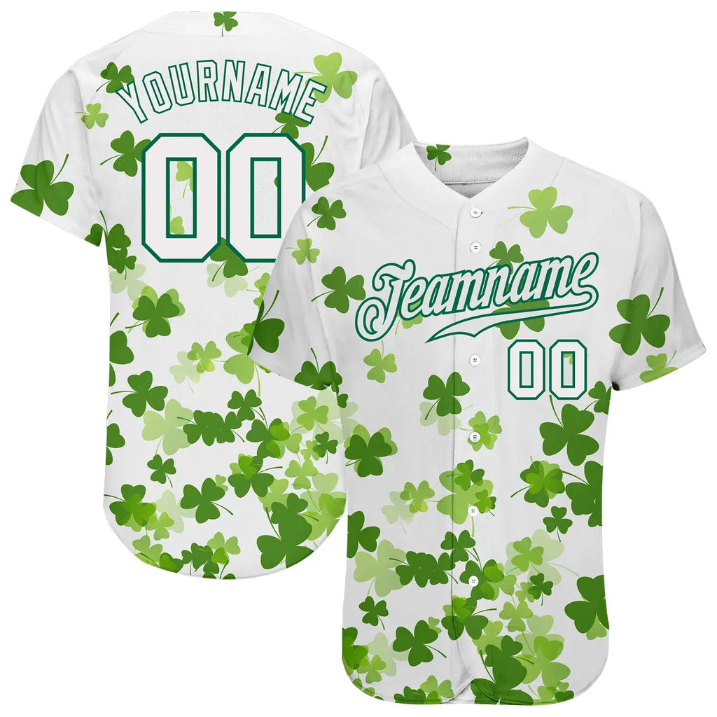 Custom St. Patrick's Day Baseball Jersey White Kelly Green 3D Pattern Sublimation, Custom Name Number, Men Youth Unisex
