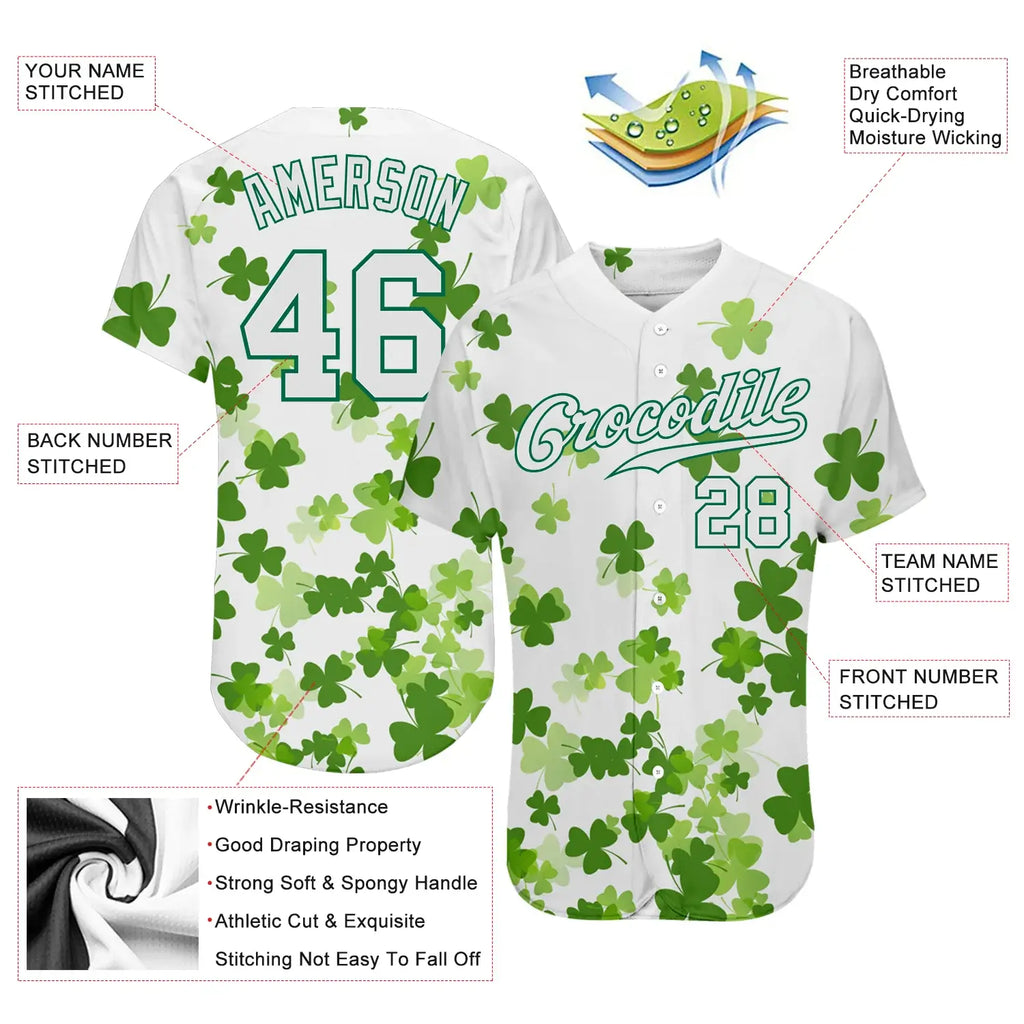 Custom St. Patrick's Day Baseball Jersey White Kelly Green 3D Pattern Sublimation, Custom Name Number, Men Youth Unisex