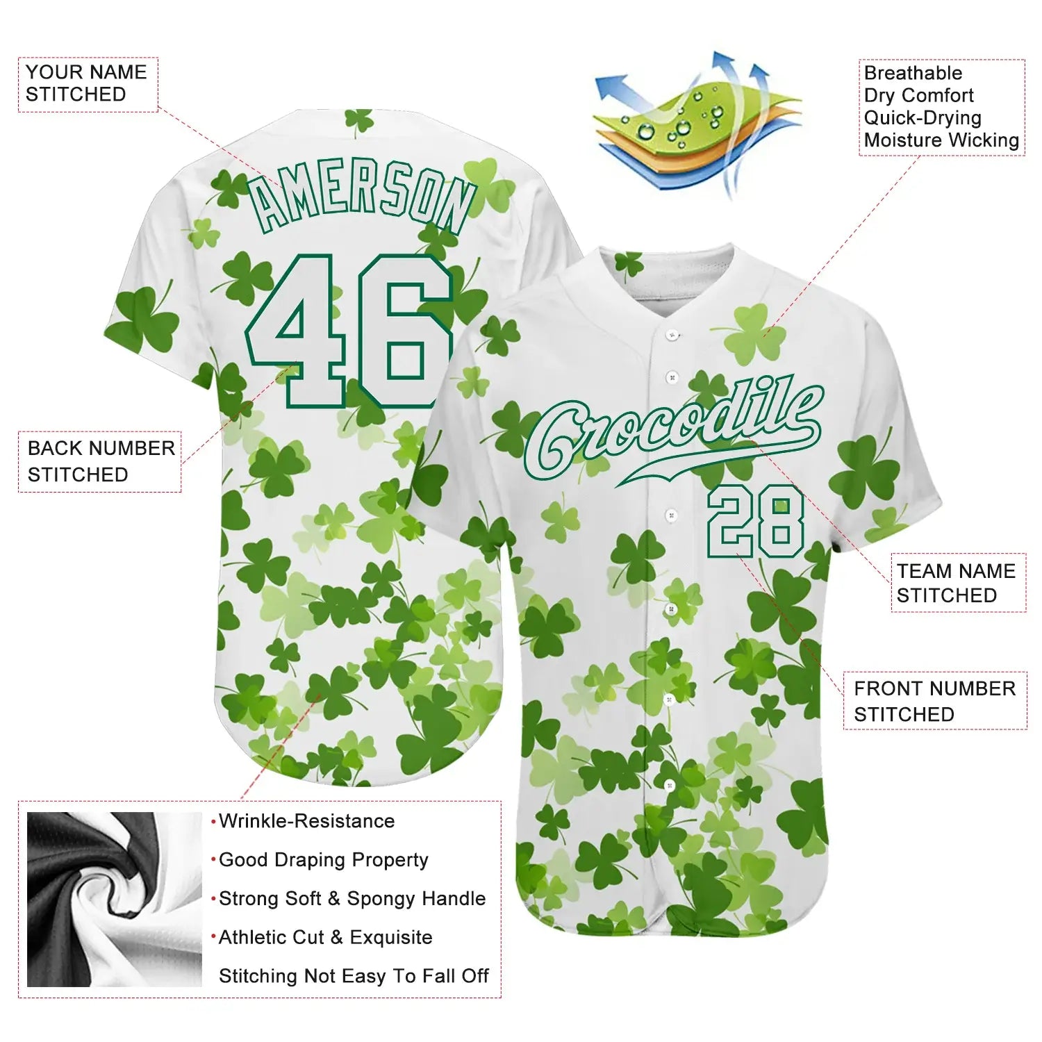 Custom St. Patrick's Day Baseball Jersey White Kelly Green 3D Pattern Sublimation, Custom Name Number, Men Youth Unisex