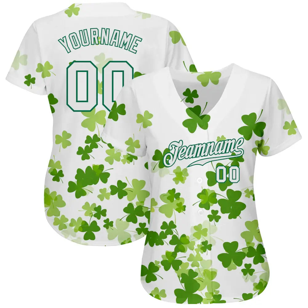 Custom St. Patrick's Day Baseball Jersey White Kelly Green 3D Pattern Sublimation, Custom Name Number, Men Youth Unisex