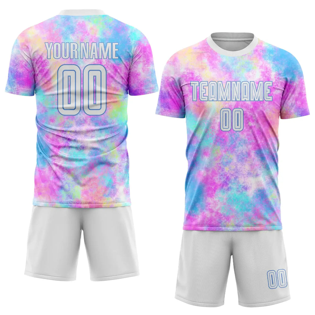 Custom Tie Dye Soccer Jersey White Light Blue Sublimation, Team Uniform Kit, Custom Name Number, Unisex Men Women Youth