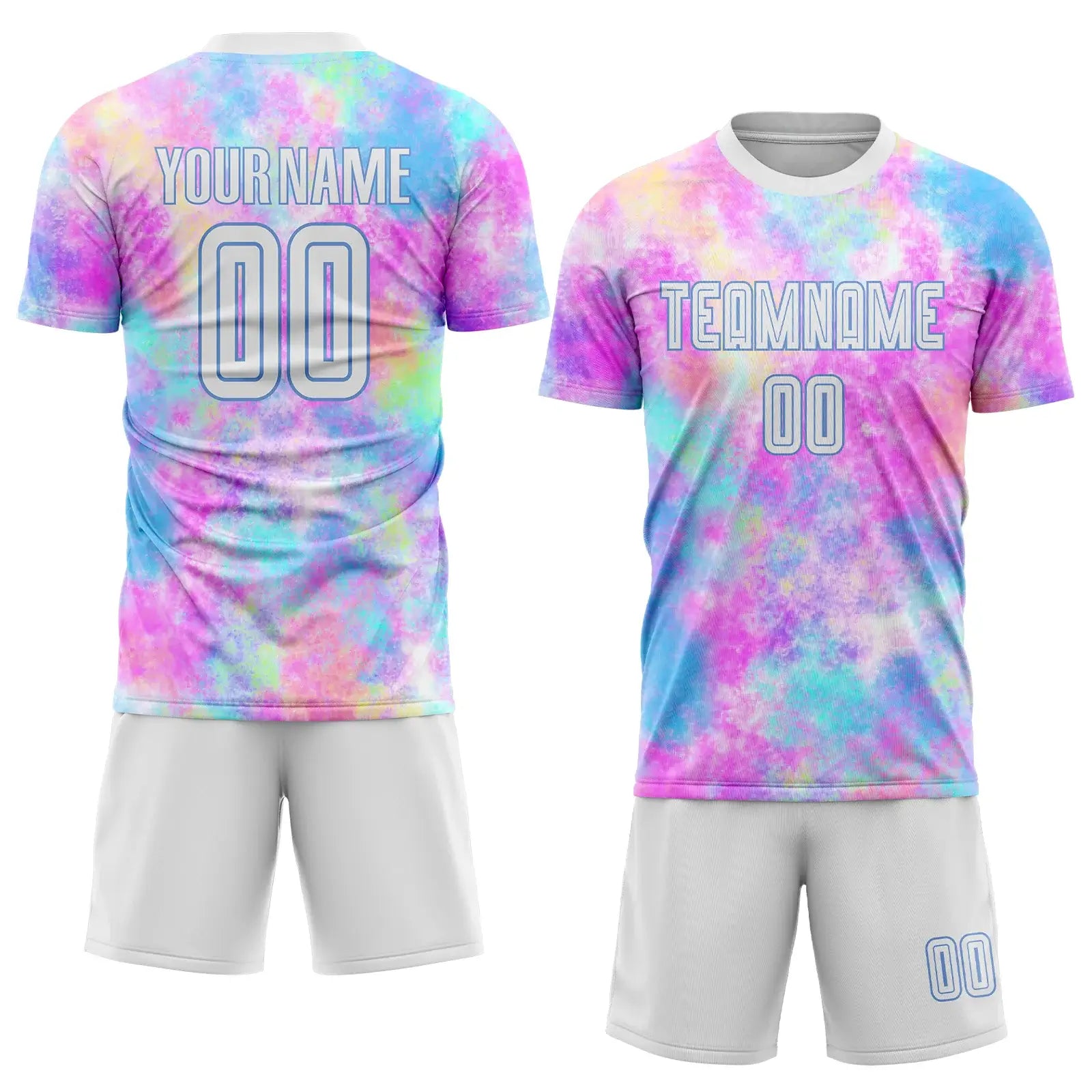 Custom Tie Dye Soccer Jersey White Light Blue Sublimation, Team Uniform Kit, Custom Name Number, Unisex Men Women Youth