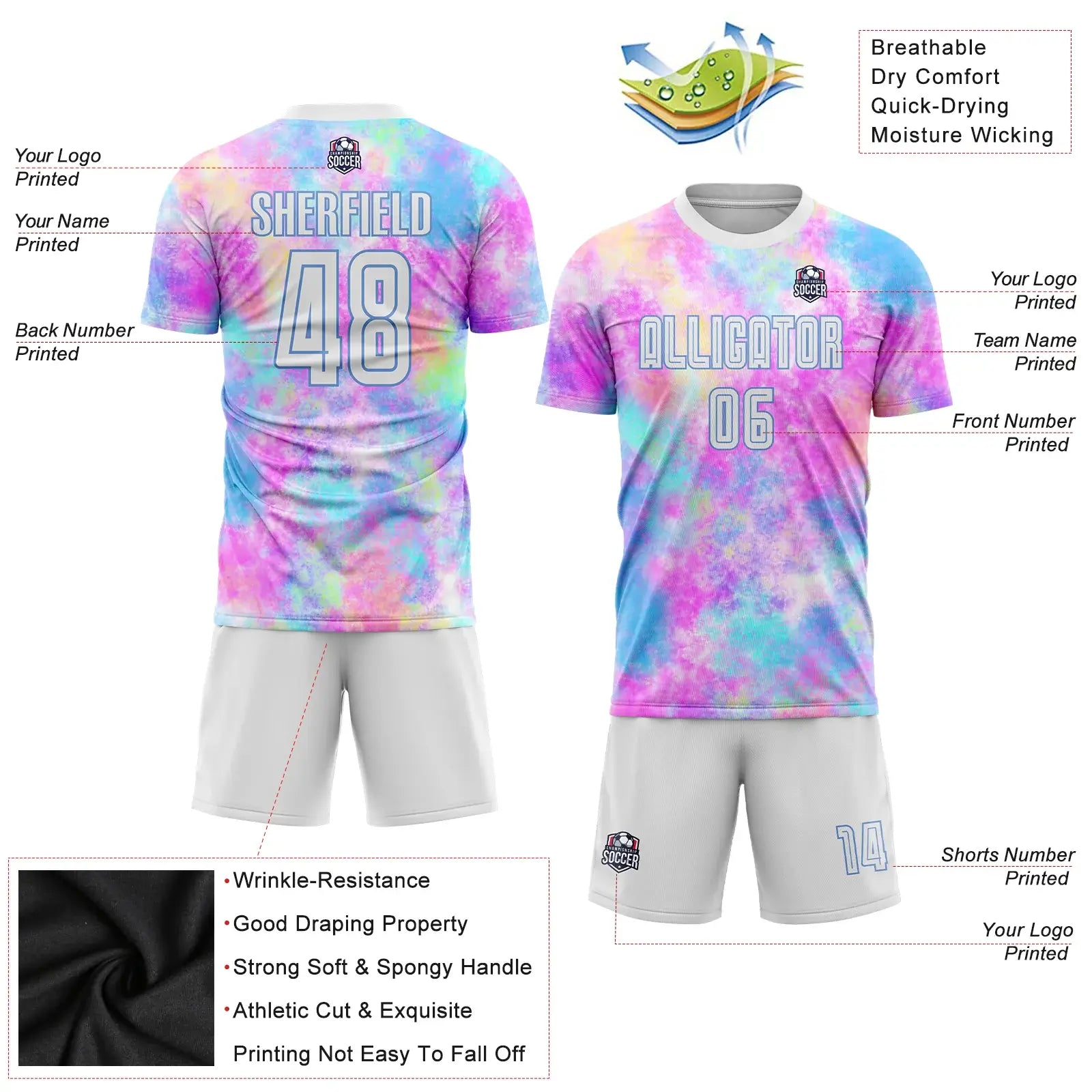 Custom Tie Dye Soccer Jersey White Light Blue Sublimation, Team Uniform Kit, Custom Name Number, Unisex Men Women Youth
