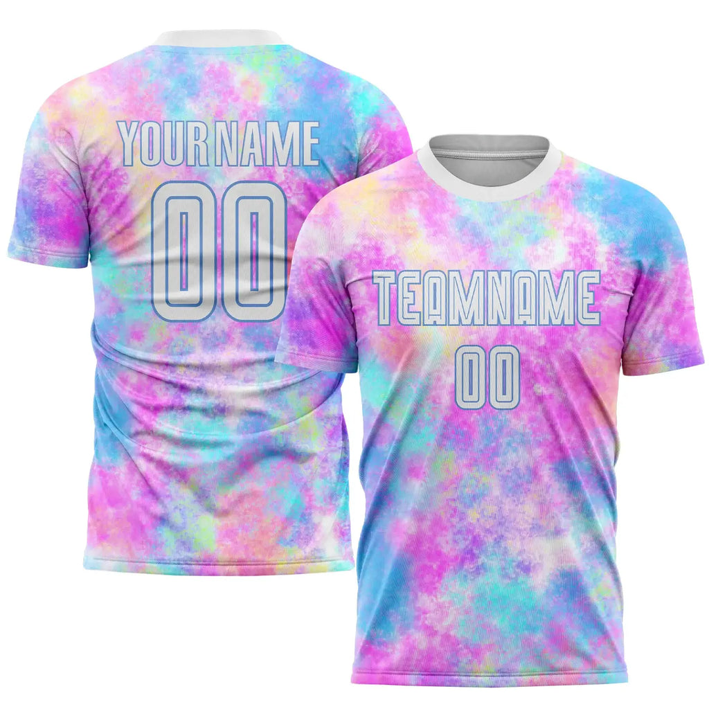 Custom Tie Dye Soccer Jersey White Light Blue Sublimation, Team Uniform Kit, Custom Name Number, Unisex Men Women Youth