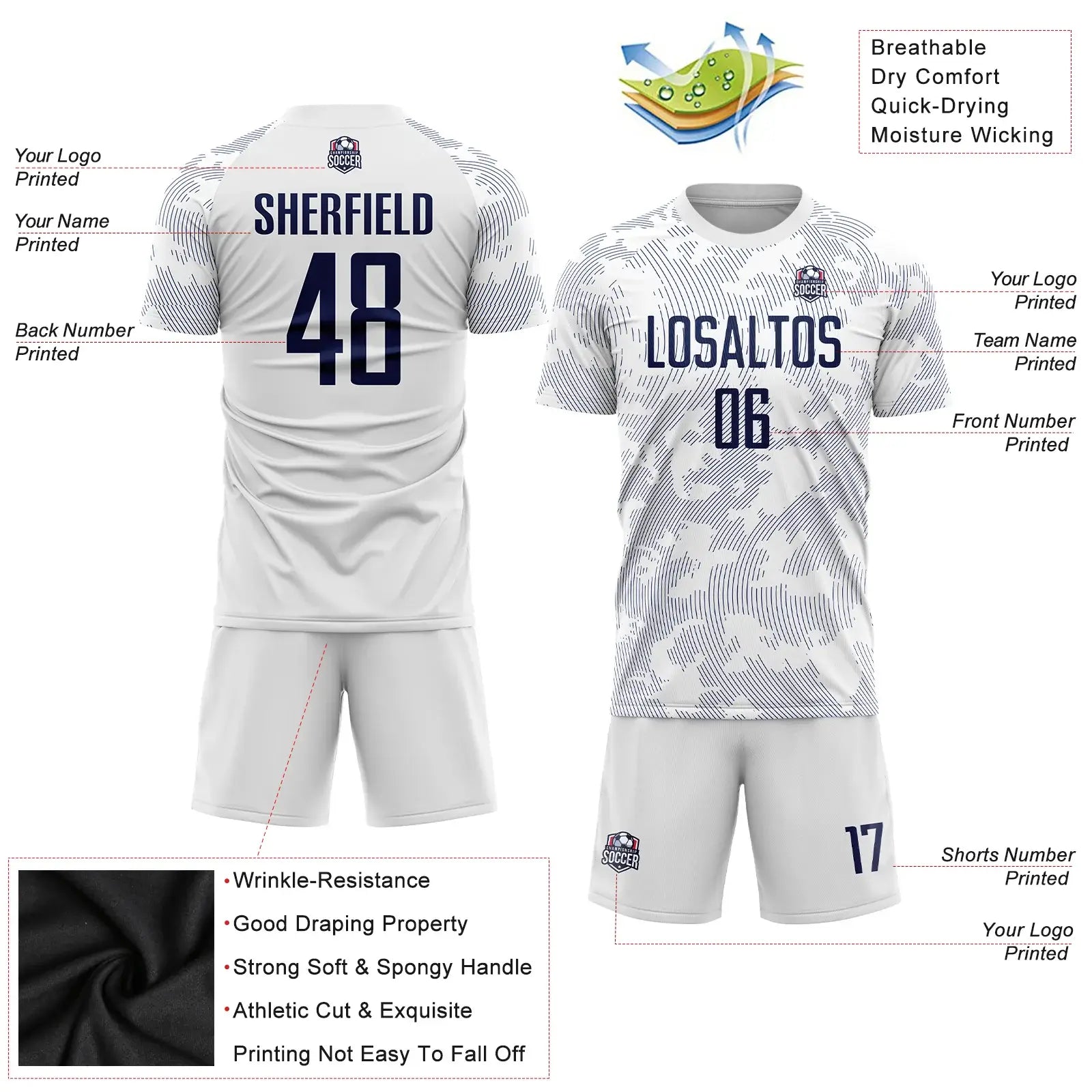 Custom Soccer Jersey, White Navy Sublimation Team Uniform Kit, Custom Name Number, Men Youth