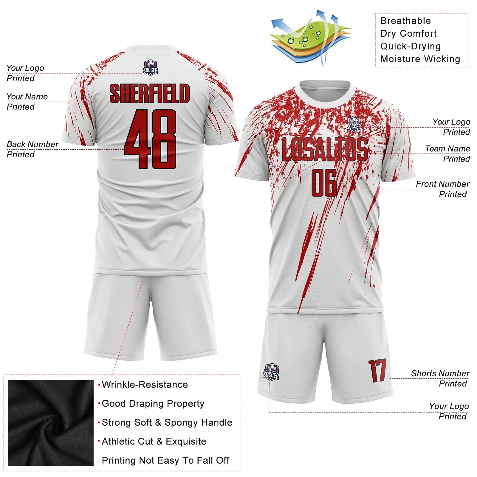 Custom Soccer Jersey White Red Black Sublimation, Team Uniform Kit, Custom Name Number, Unisex Men Women Youth