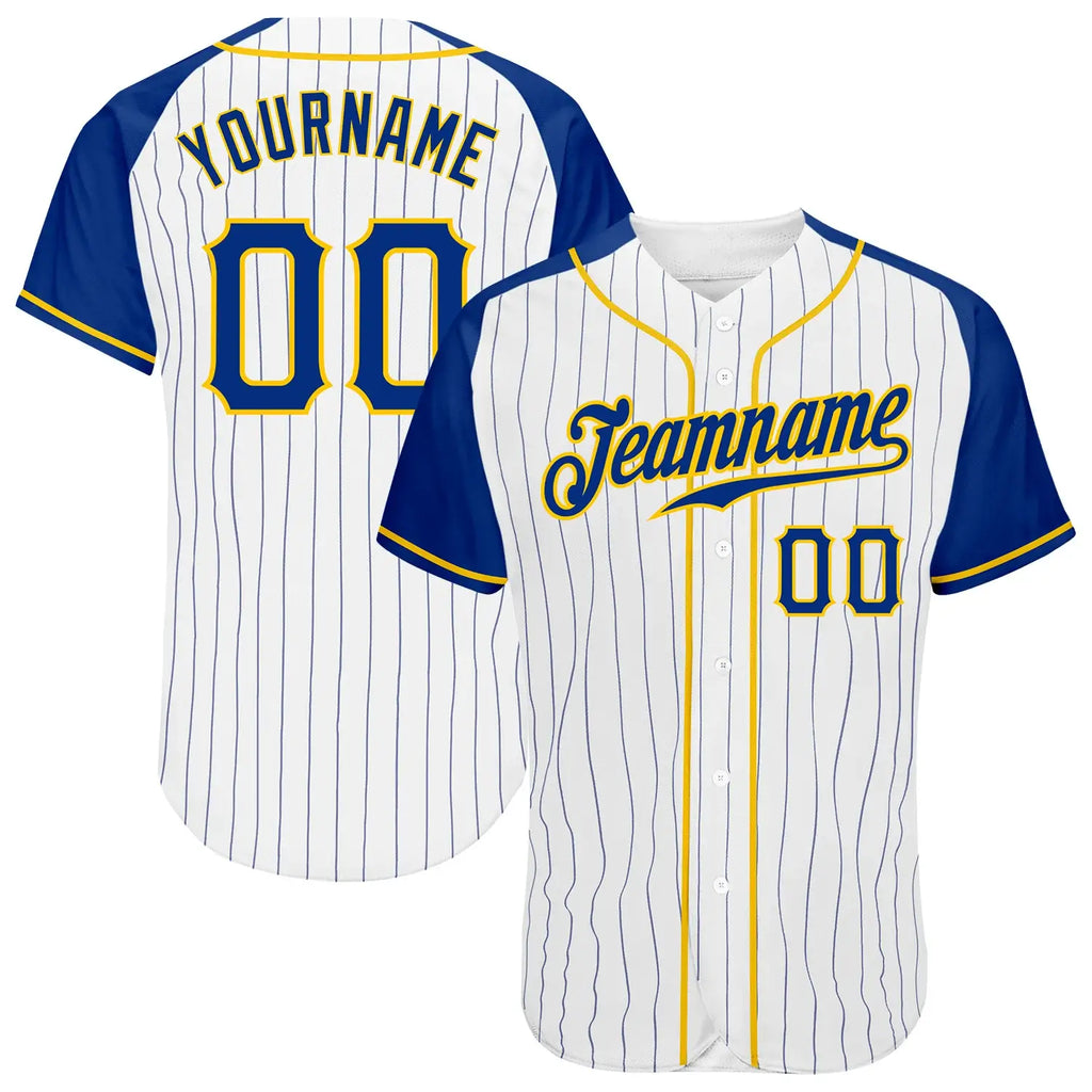 Custom Raglan Pinstripe Baseball Jersey White Navy Gold Sublimation, Custom Name Number, Men Youth Unisex