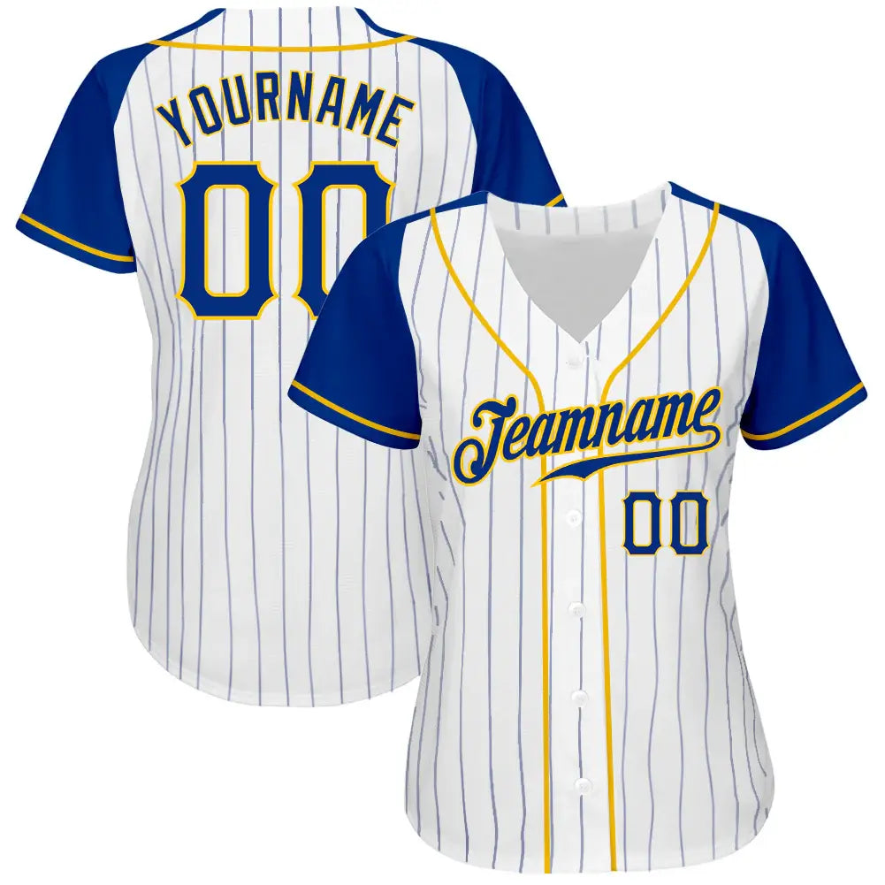 Custom Raglan Pinstripe Baseball Jersey White Navy Gold Sublimation, Custom Name Number, Men Youth Unisex