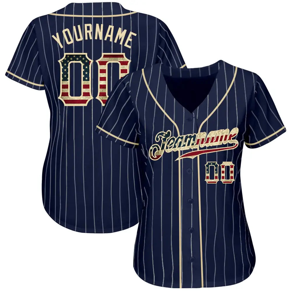 Custom Vintage USA Flag Pinstripe Baseball Jersey Navy White Sublimation, Custom Name Number, Men Youth Unisex