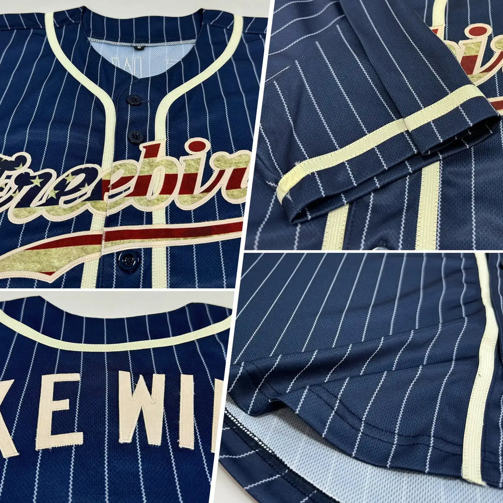Custom Vintage USA Flag Pinstripe Baseball Jersey Navy White Sublimation, Custom Name Number, Men Youth Unisex